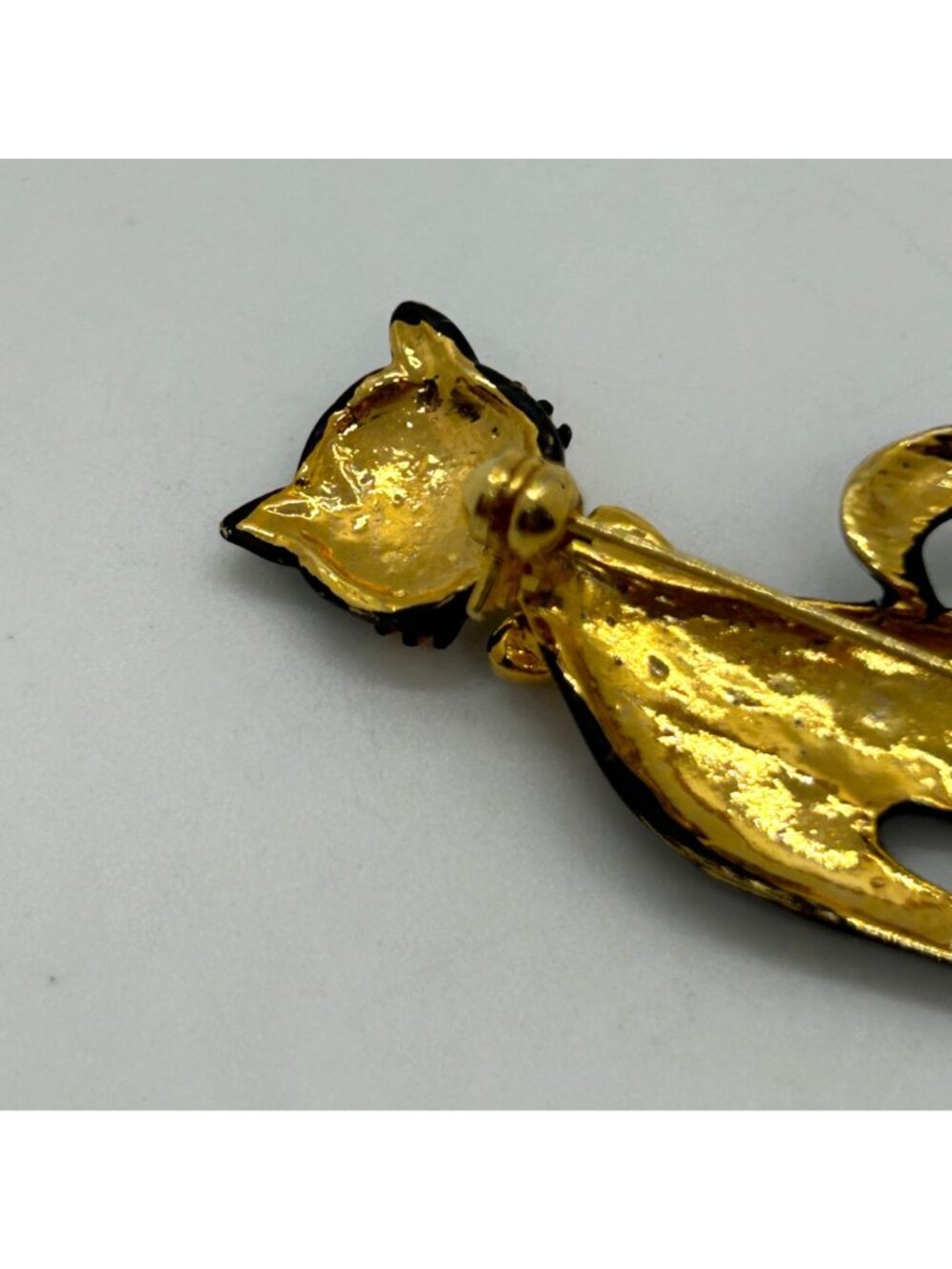 Vintage Black Matte Enamel Siamese Cat Brooch With Gold-Tone Rhinestone Bow - Picture 7 of 11